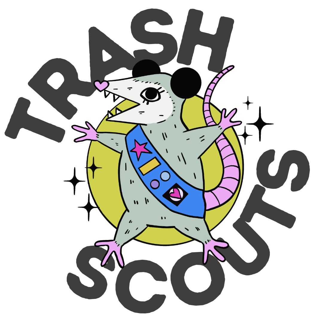 trash scouts logo of troop opossum in a sash